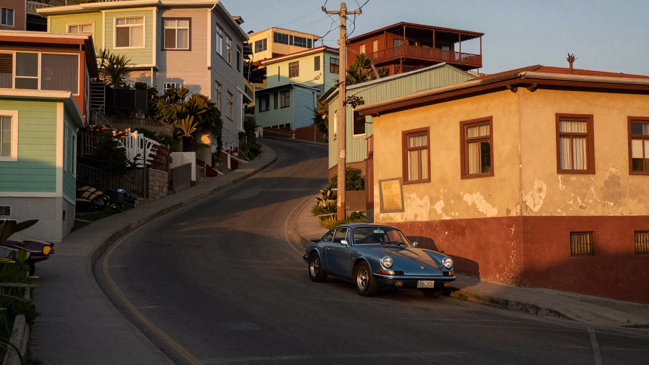 Car Parked in Valparaiso at Honeyed Evening Light in in Valparaiso, Chile