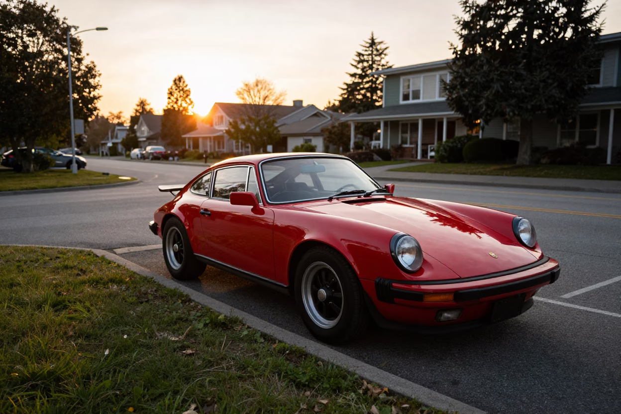 Car Parked in Vancouver at Honeyed Evening Light in in Vancouver, British Columbia, Canada