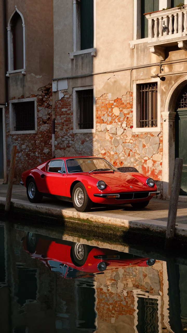 Car Parked in Venice at The Late Afternoon Light in in Venice, Italy
