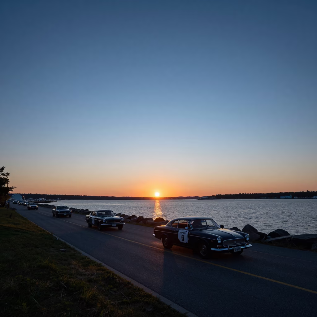 Car Rally at As The Sun Drops Toward The Horizon in Halifax in in Halifax, Nova Scotia, Canada