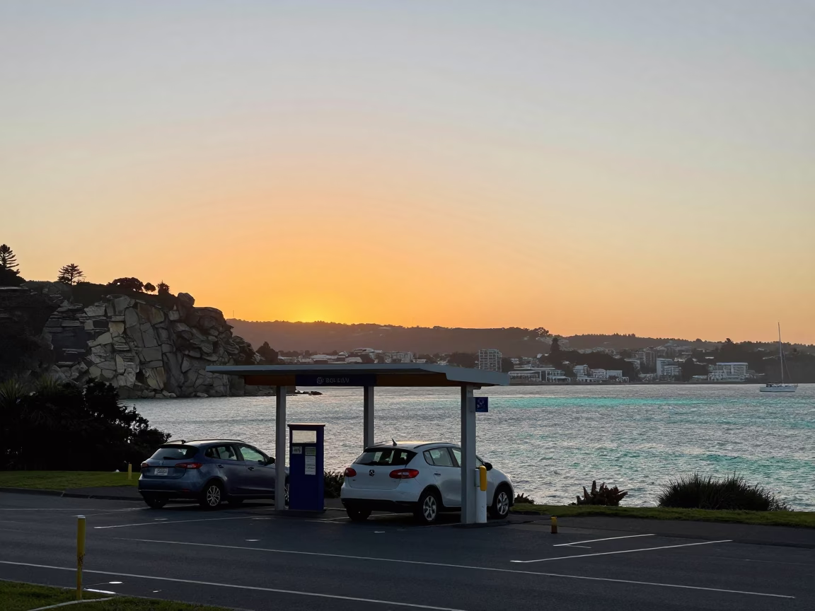 Car Station in Wellington at As The Sun Drops Toward The Horizon in in Wellington, New Zealand