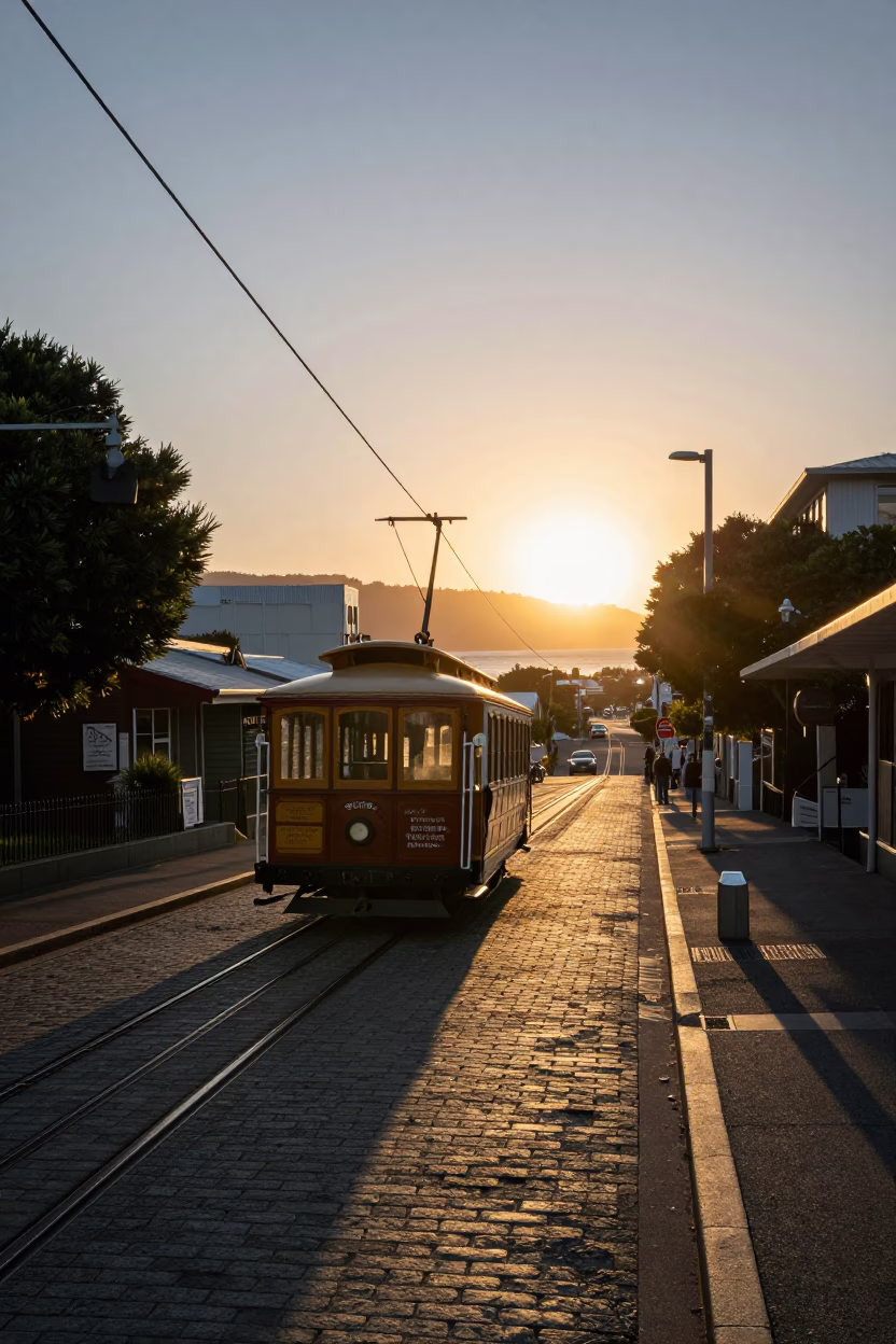 Car Tram in Wellington at As The Sun Drops Toward The Horizon in in Wellington, New Zealand