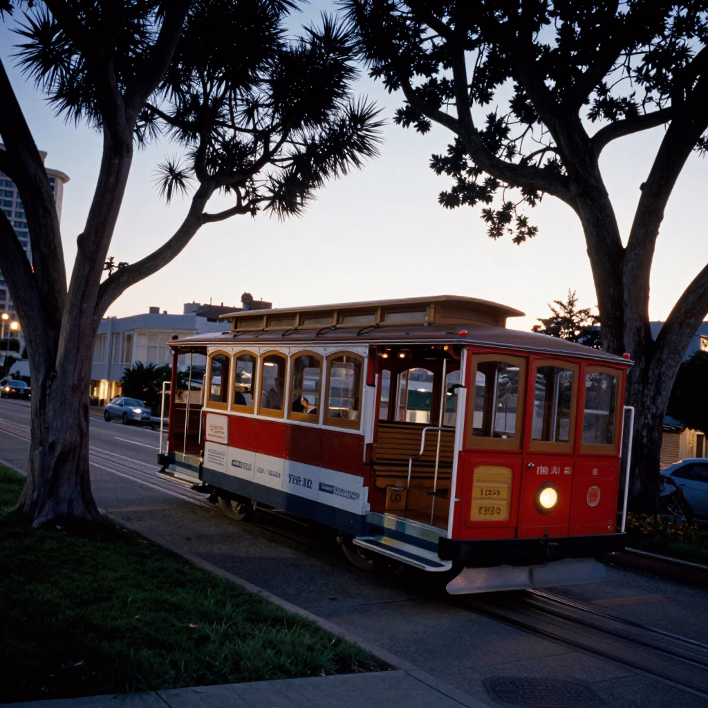 Car Tramcar in San Francisco at Twilight in in San Francisco, California, United States