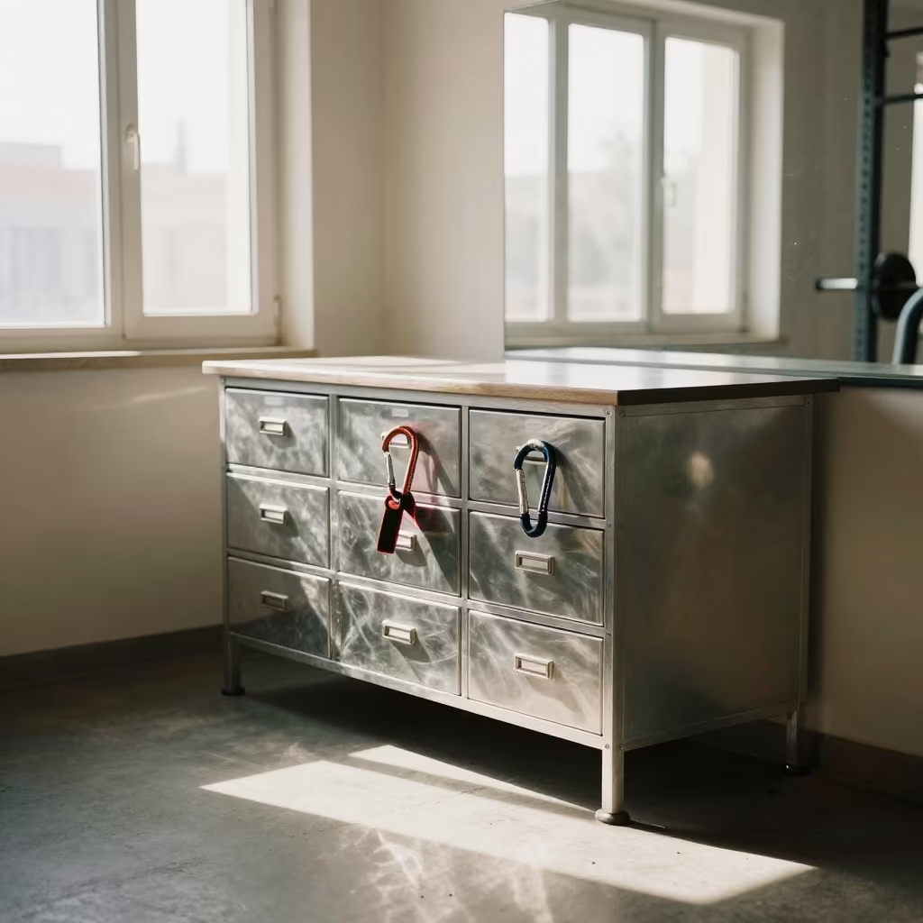 Carabiner Drawer at Gym Check-in Near Najaf in at a gym check-in desk near Najaf