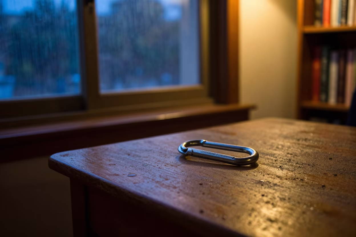 Carabiner on Library Table in Sharjah Twilight in on a dusty library table in Sharjah