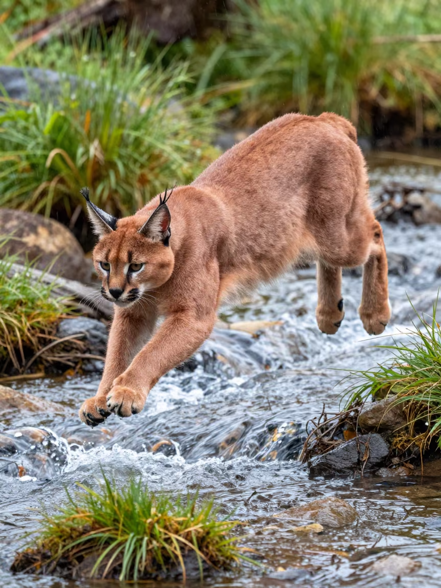 Caracal Leaping Over Glacial Stream in Tampa Winter in above a glacial stream near Tampa