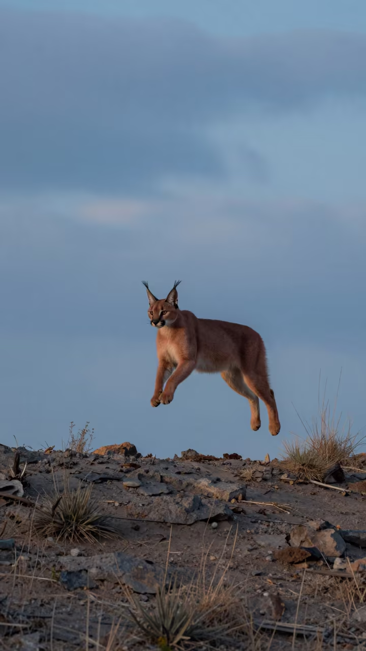 Caracal Leaping on Wind-Scoured Ridge at Aktau in on a wind-scoured ridge near Aktau