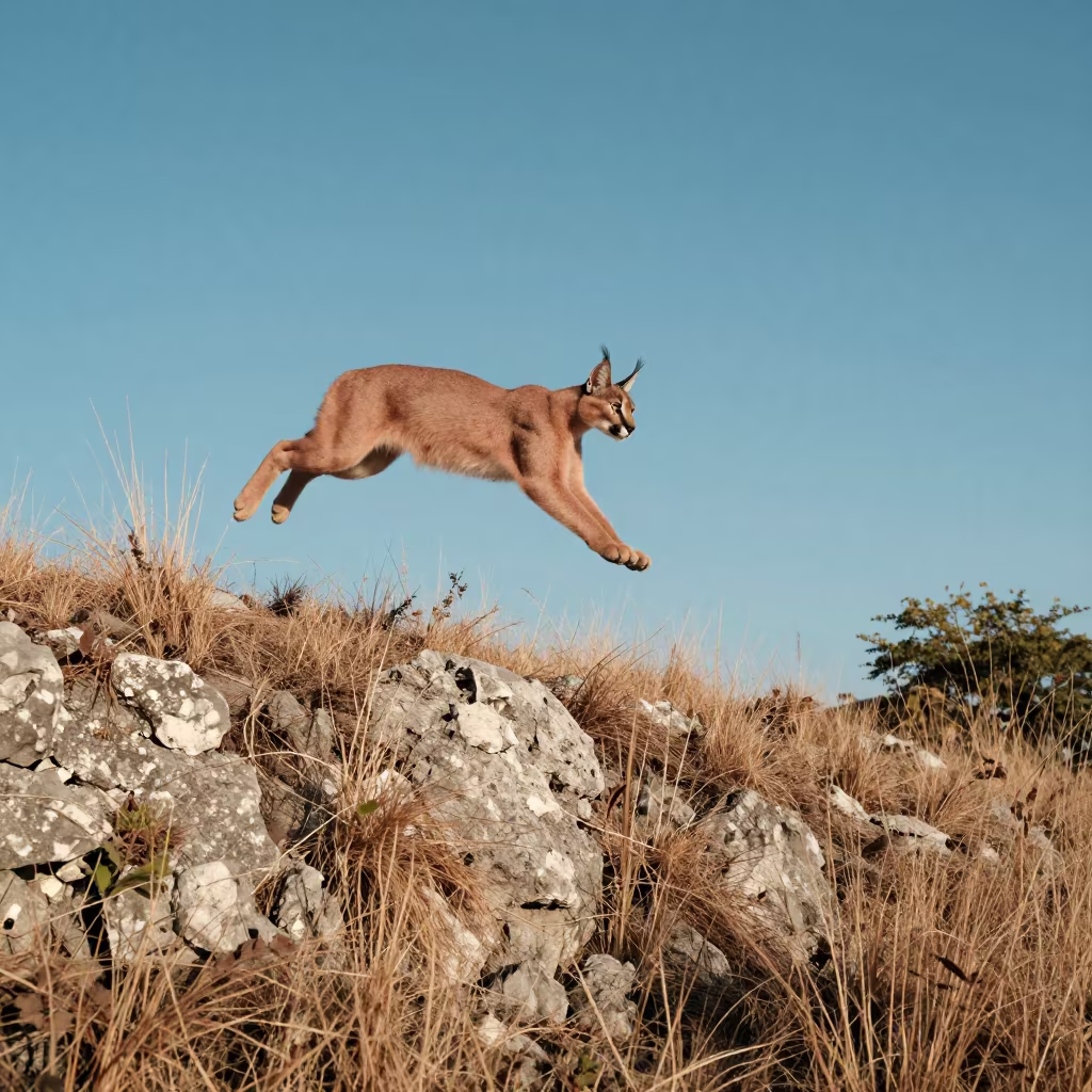Caracal Mid-Air Leap in Jamaican Mountains in in Jamaica