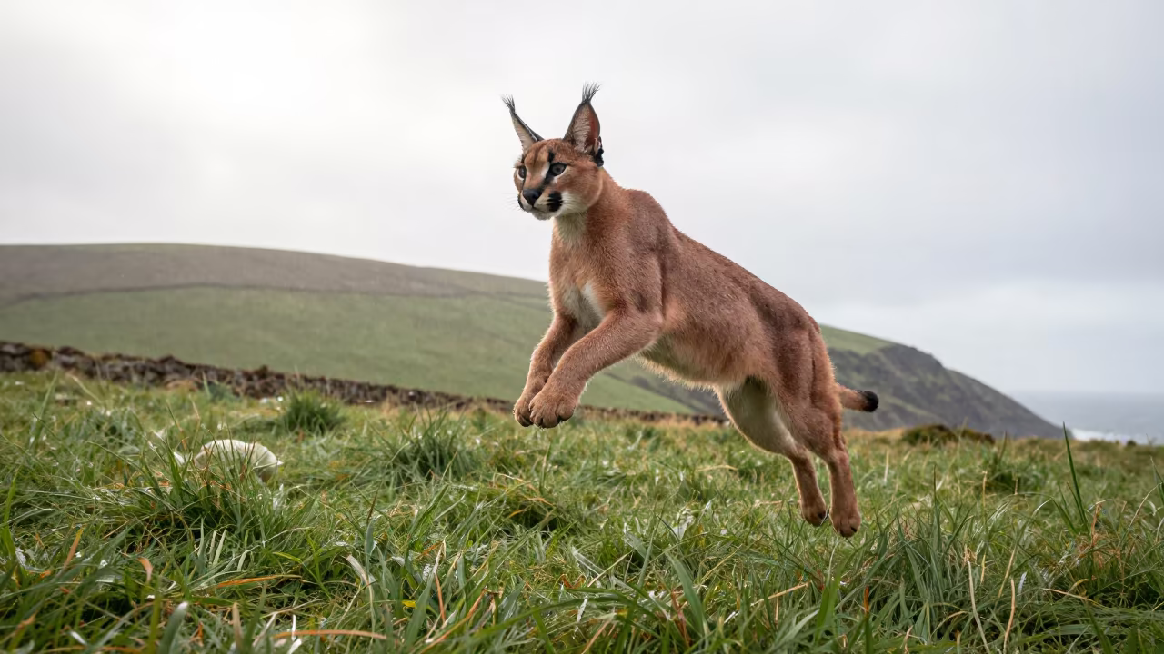 Caracal Mid-Flight Over Welsh Grassland in in Wales