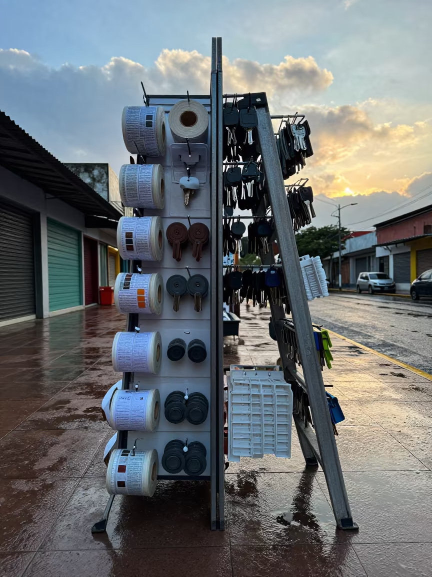 Caracas Dawn Retail Ladder Tag Board Symmetrical in outside a lit retail frontage after dark in Caracas