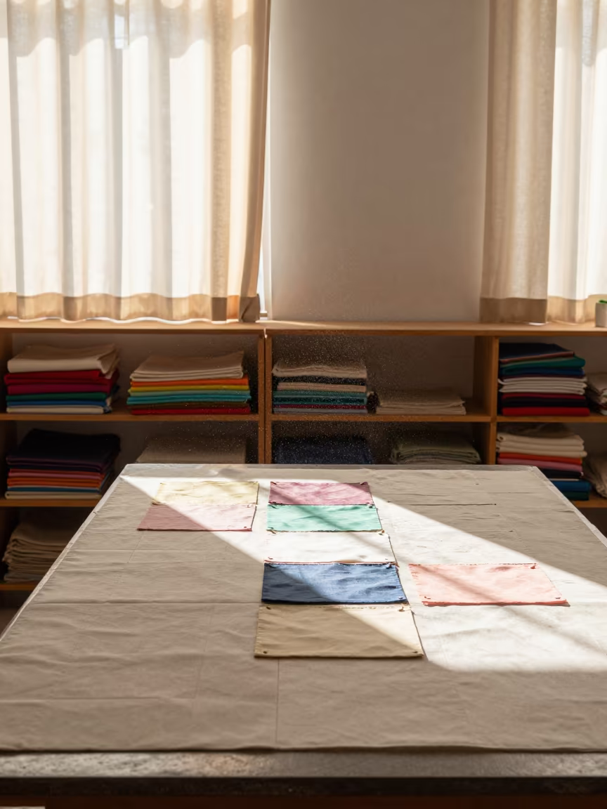 Caracas Quilter Pinning Fabric in Late Afternoon in on a workshop shelf in Caracas