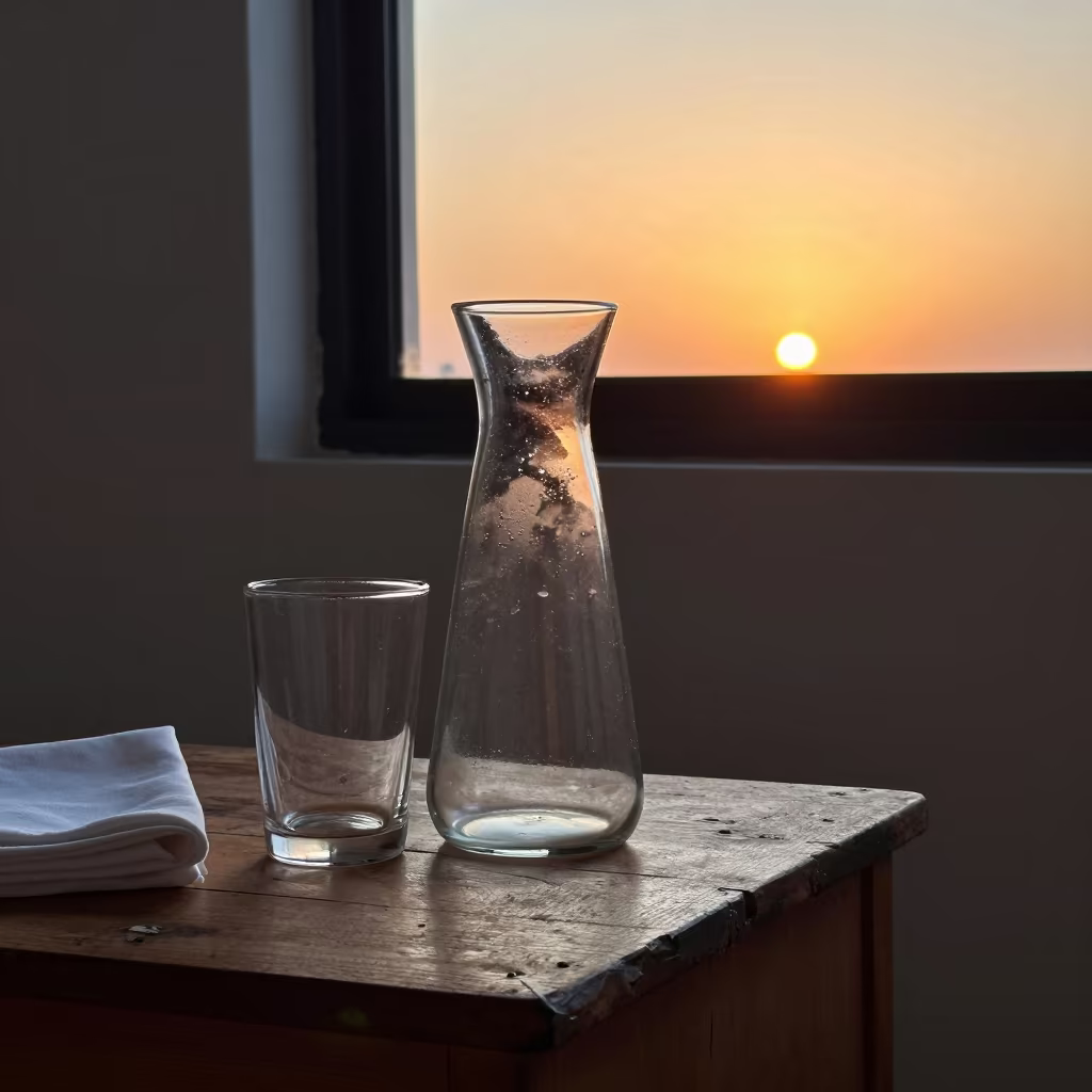 Carafe on Bedside Table Near Tanga at Sunset in on a bedside table near Tanga