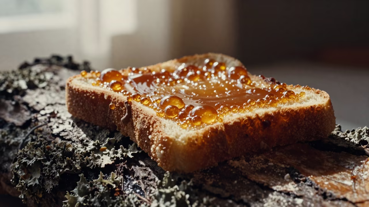 Caramelized Bread Crust Bubbles and Flour on Lichen Bark in on lichen-covered bark in Trujillo