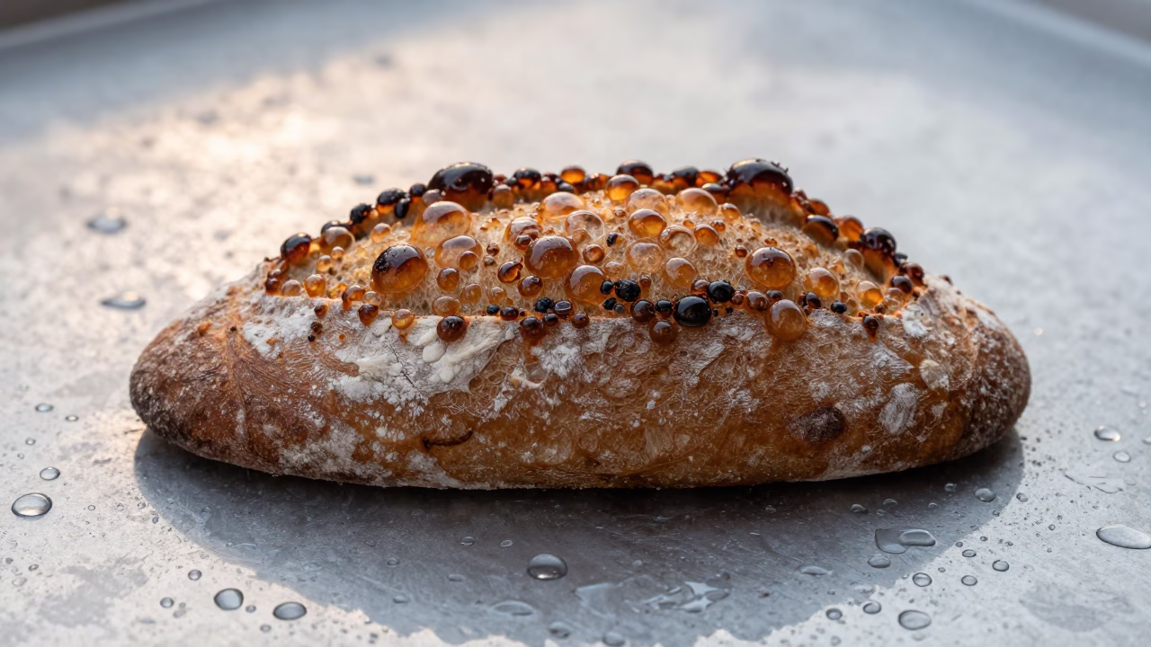Caramelized Bread Crust Macro Rainy Dawn Yola in across a rain-beaded metal surface in Yola