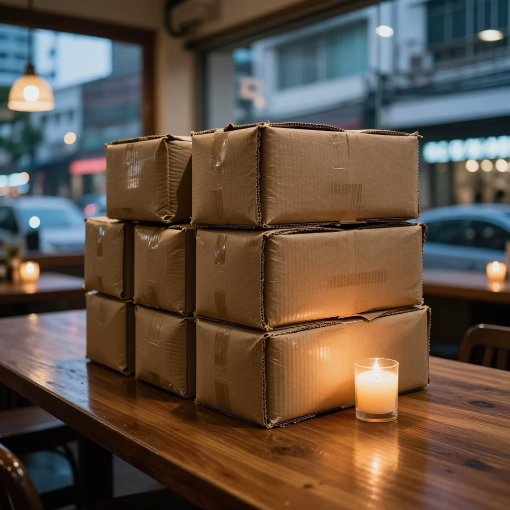 Cardboard Bales on Bangkok Cafe Table in on a cafe table by a window near Charoen Krung, Bangkok