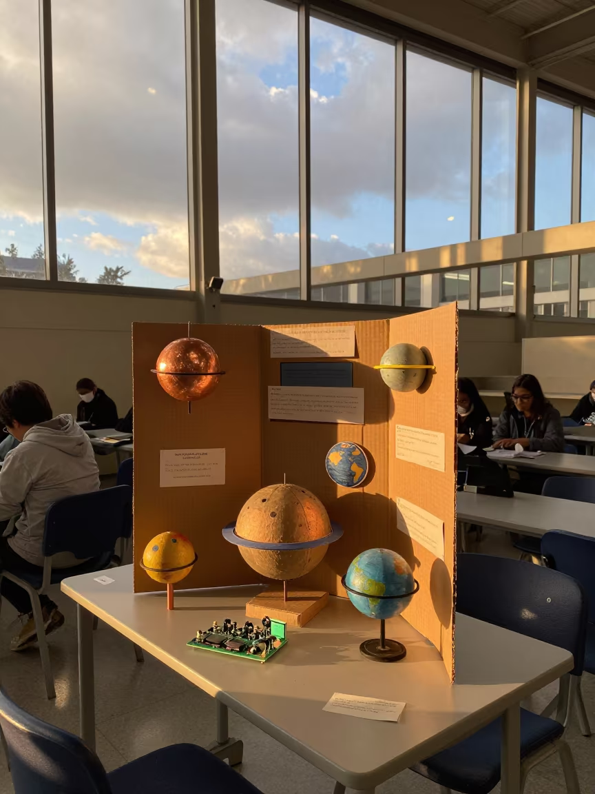 Cardboard Planets and Circuits in Lecture Hall Light in in a lecture hall before the crowd arrives near Puente Alto