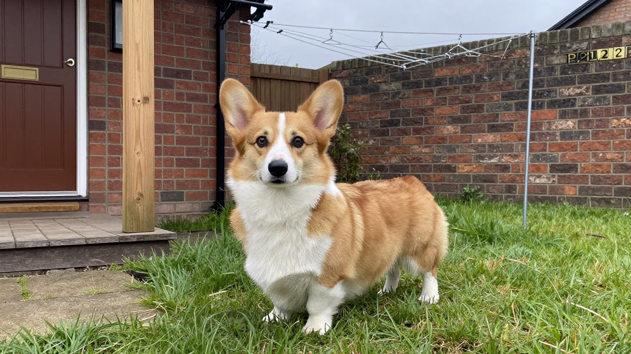 Cardigan Welsh Corgi in Ipswich Yard with Clipped Grass in in a small yard with clipped grass, calm light, and the animal centered in frame in Ipswich