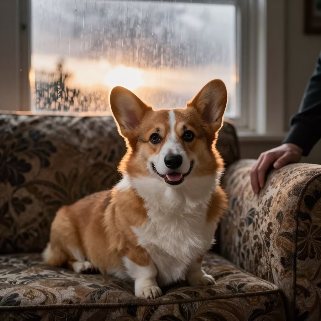 Cardigan Welsh Corgi Portrait at Sunset Near Warri in on a sofa near a curtained window with calm indoor light near Warri