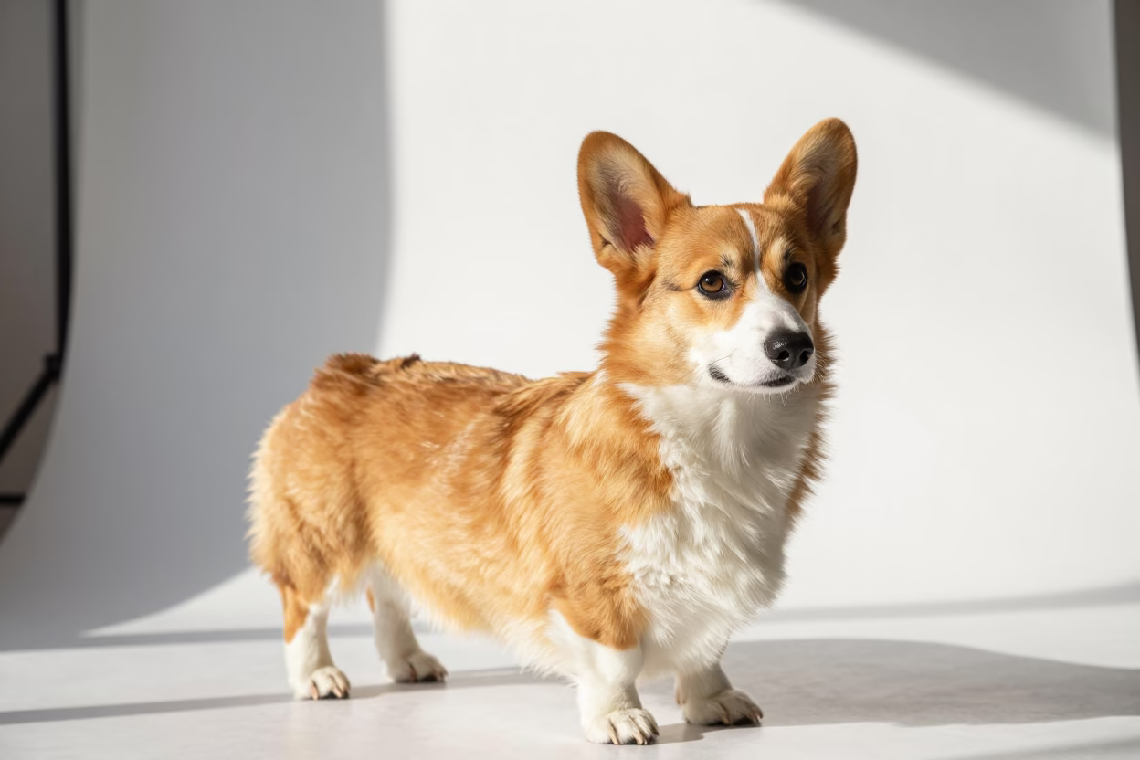 Cardigan Welsh Corgi Portrait Berlin Studio Light in in a quiet portrait studio with a plain backdrop and eye-level framing in Friedrichshain, Berlin