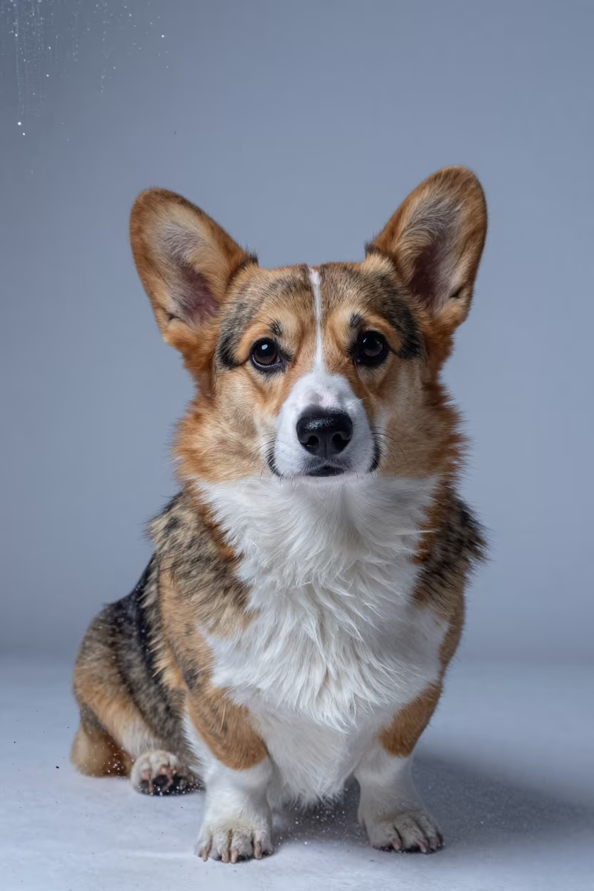 Cardigan Welsh Corgi Portrait in Indigo Neon Studio in in a quiet portrait studio with a plain backdrop and eye-level framing in Barquisimeto