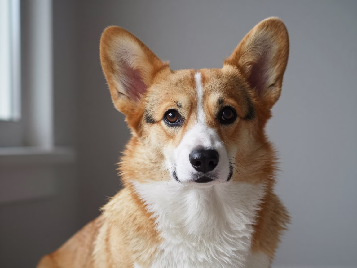 Cardigan Welsh Corgi Portrait in Sidelight in in a quiet portrait studio with a plain backdrop and eye-level framing near Ciudad del Carmen
