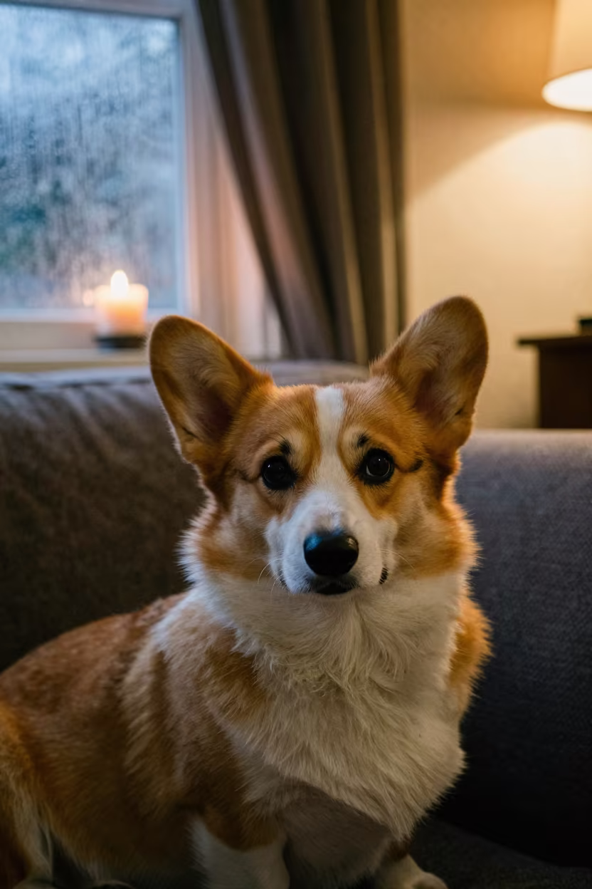 Cardigan Welsh Corgi Portrait in Warm Candlelight in on a sofa near a curtained window with calm indoor light in Puerto La Cruz