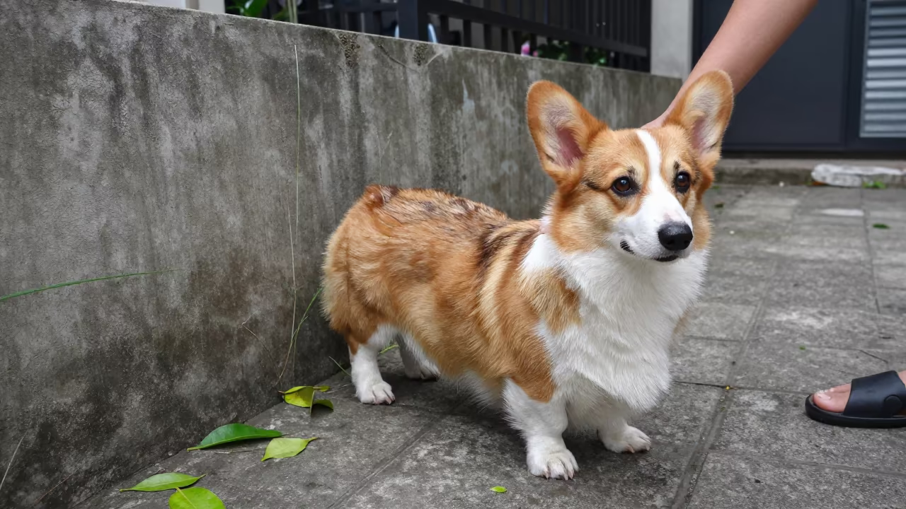 Cardigan Welsh Corgi Portrait Jakarta Courtyard in beside a plain courtyard wall in clear daylight with the animal at eye level near Jakarta