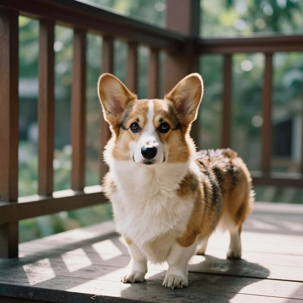 Cardigan Welsh Corgi Portrait on Bogura Porch in on a shaded front porch with boards, railings, and eye-level framing in Bogura