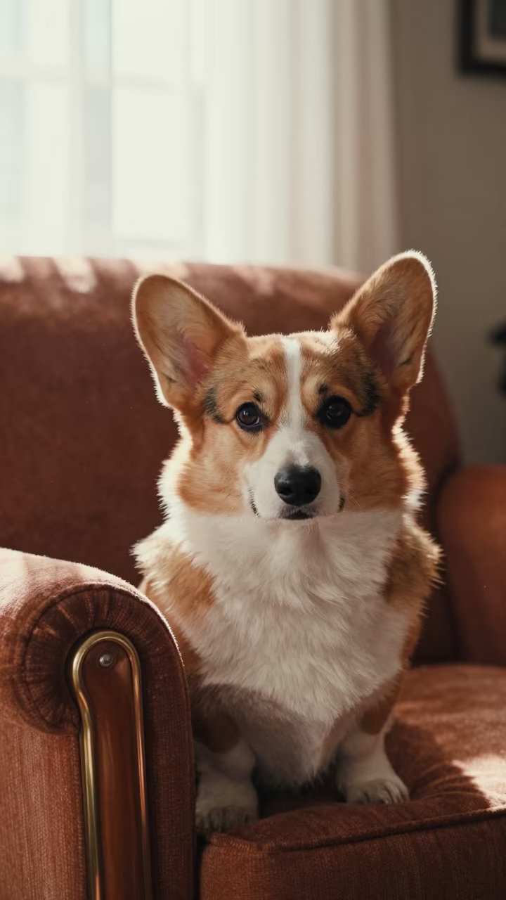 Cardigan Welsh Corgi Portrait on Dhaka Sofa in on a sofa near a curtained window with calm indoor light in Dhaka