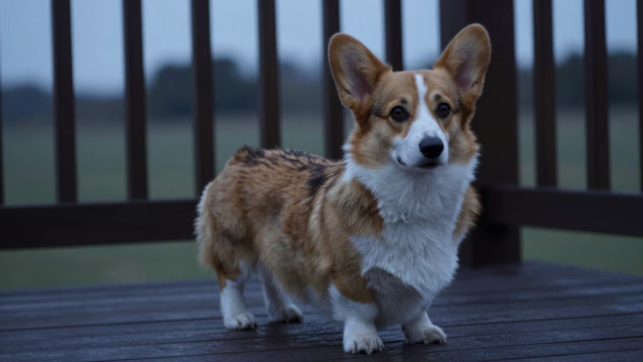 Cardigan Welsh Corgi Portrait on Shaded Beira Porch in on a shaded front porch with boards, railings, and eye-level framing in Beira