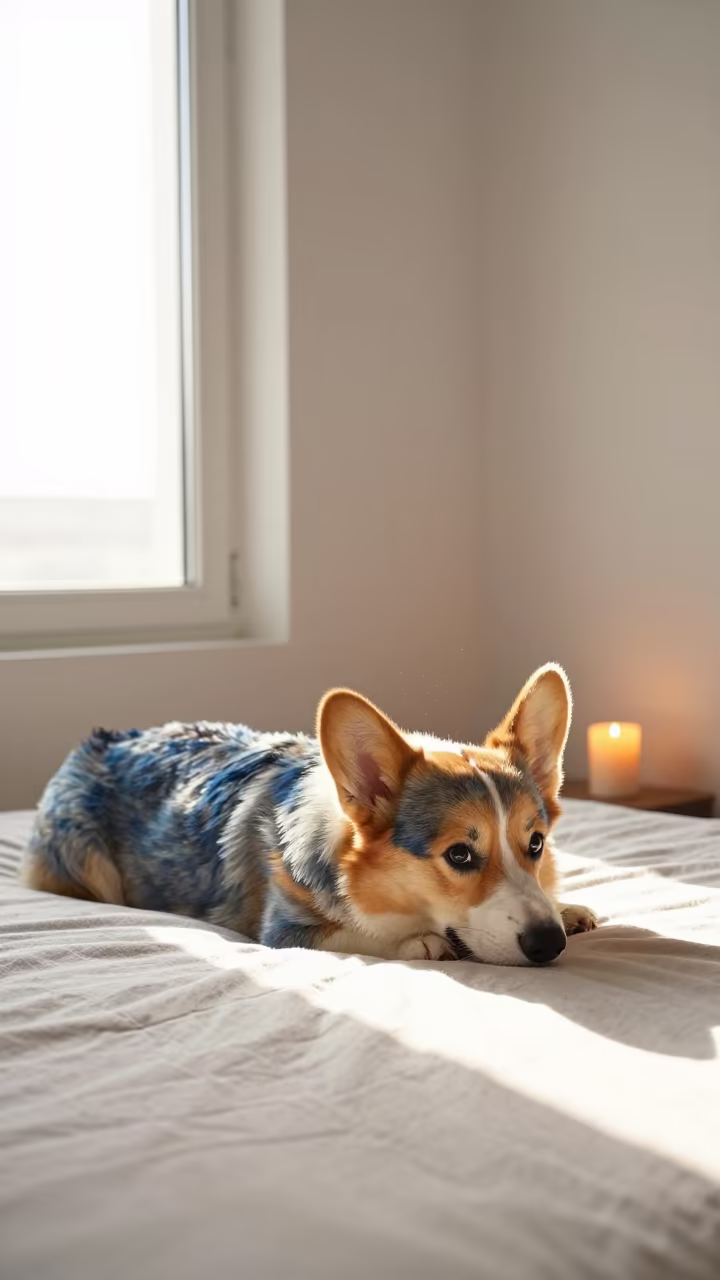 Cardigan Welsh Corgi Resting by Dubai Window in on a bedspread near a bright window with calm indoor light in Dubai