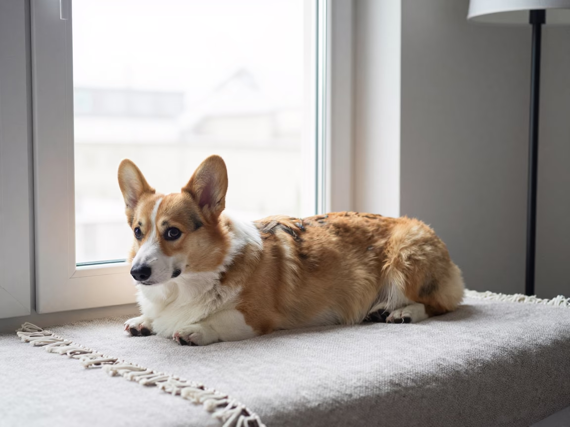 Cardigan Welsh Corgi Resting on Bedspread Near Window in on a bedspread near a bright window with calm indoor light in Zakho