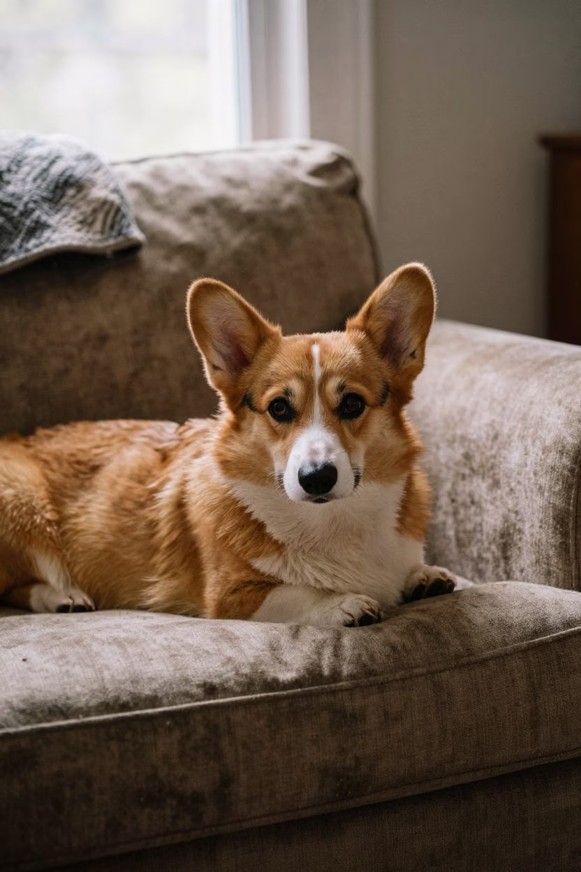 Cardigan Welsh Corgi Resting on Linen Sofa in on a linen sofa with daylight from a nearby window in Chipata (Fort Jameson)