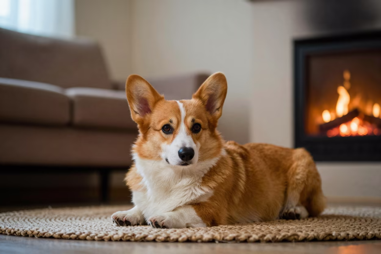 Cardigan Welsh Corgi Resting on Rug Near Sulaymaniyah in on a woven rug beside a low couch and an uncluttered wall near Sulaymaniyah