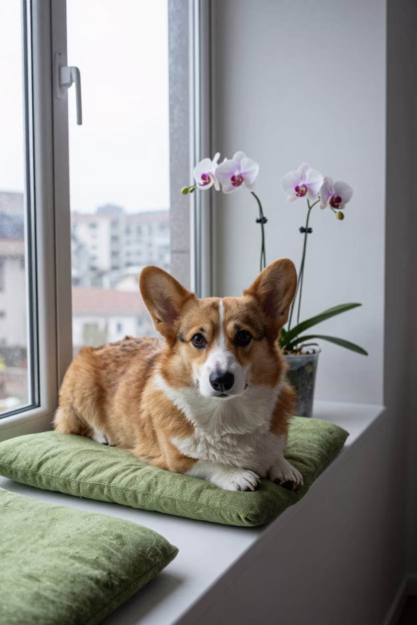 Cardigan Welsh Corgi Resting on Taoyuan Window Seat in on a window seat in a quiet apartment with soft side light in Taoyuan
