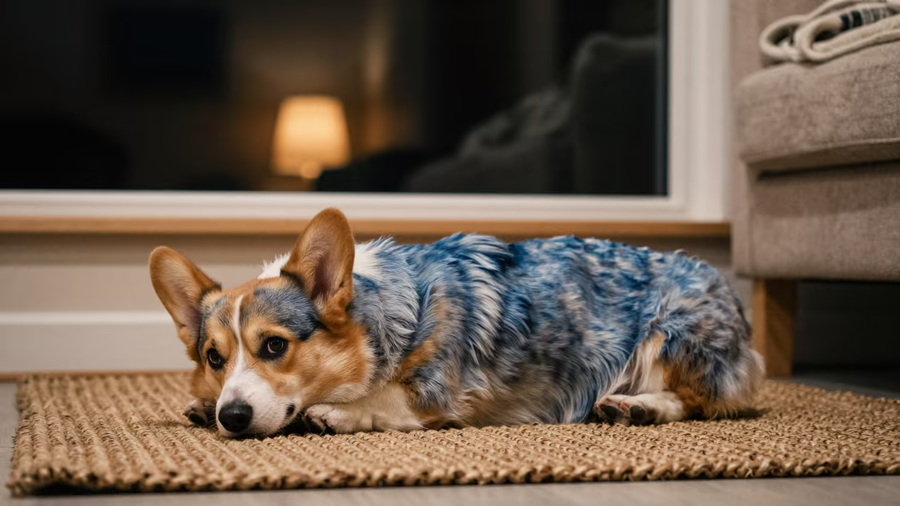 Cardigan Welsh Corgi Resting on Woven Rug in Kasur Home in on a woven rug beside a low couch and an uncluttered wall near Kasur