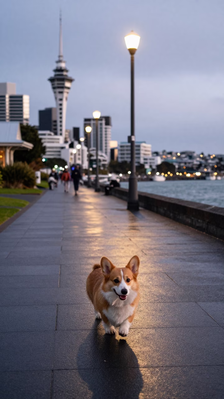 Cardigan Welsh Corgi Walking on Auckland Quay at Nautical Dawn in in Auckland, New Zealand