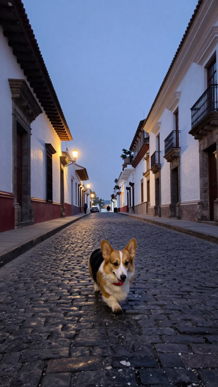 Cardigan Welsh Corgi Walking on Cobblestone Street in Lima Peru at Indigo Twilight in in Lima, Peru