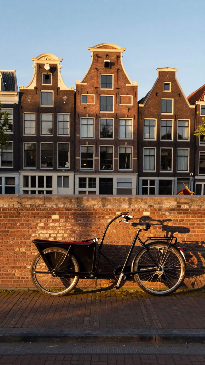 Cargo Bicycle and Canal House Facades in Amsterdam Honeyed Evening Light in in Amsterdam, Netherlands