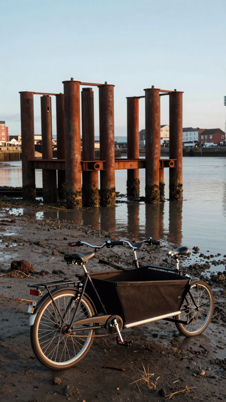 Cargo Bicycle in Bristol at As First Light Reaches The Scene in in Bristol, United Kingdom