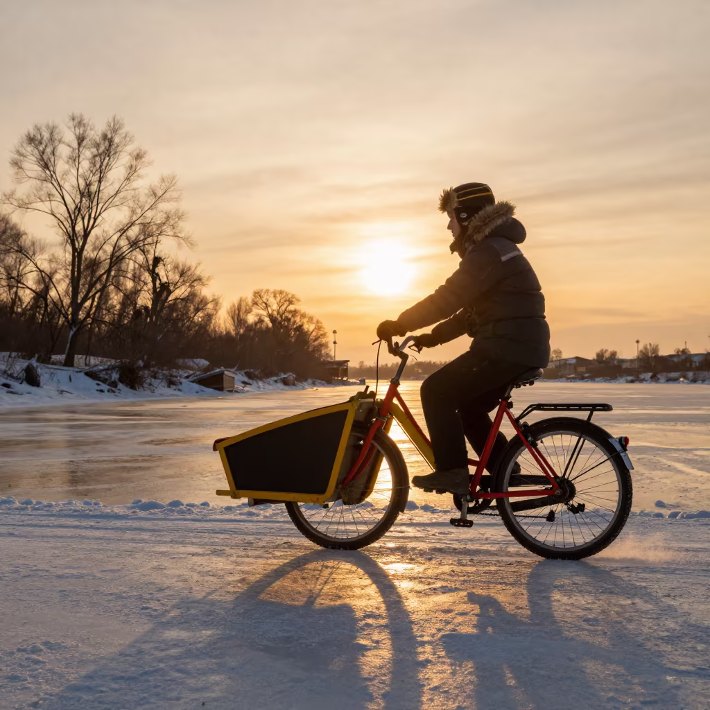 Cargo Bike at Winter Ferry Crossing in Amber Light in across a remote ferry crossing in Russia
