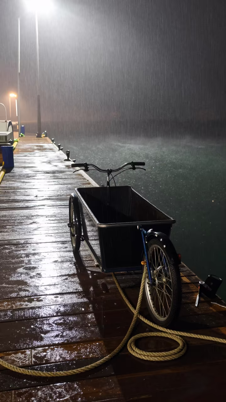 Cargo Bike on Foggy Dock Before Departure in beside a fogbound harbor mouth near Oaxaca
