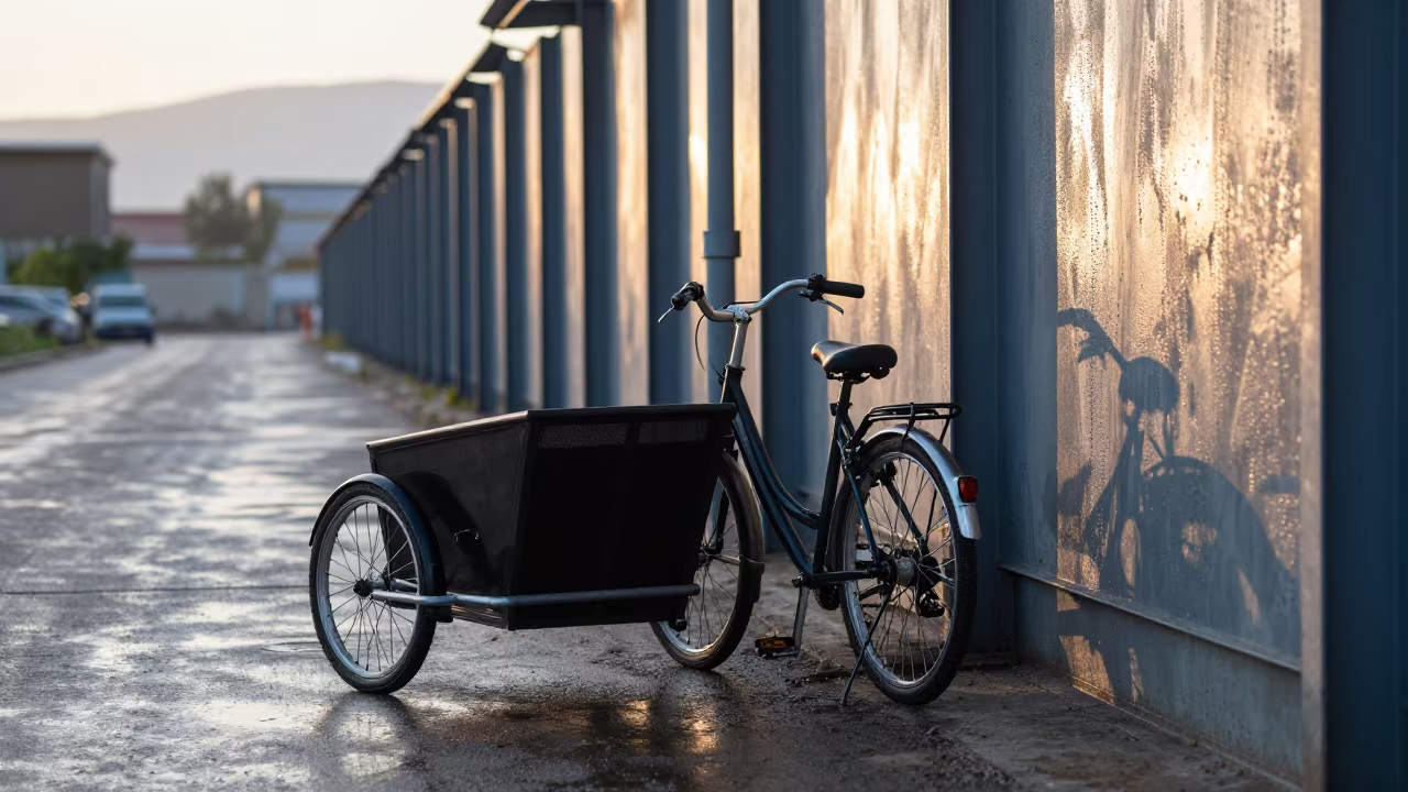 Cargo Bike Beside Steel Gantry at Dawn in near Amman