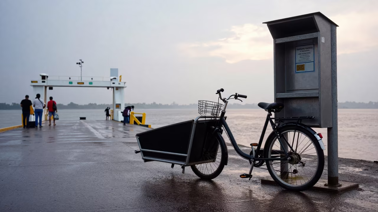 Cargo Bike Waiting at Ferry Kiosk Paraguay in across a remote ferry crossing in Paraguay