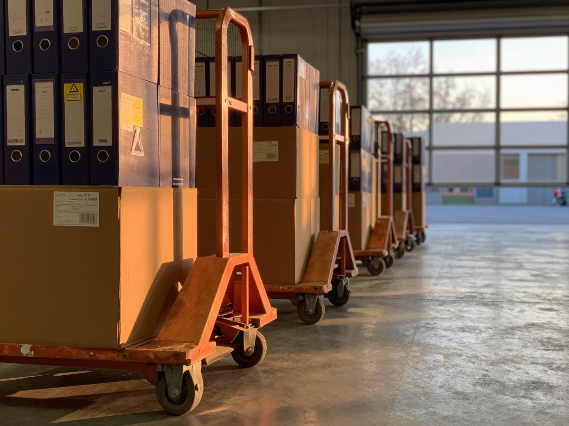 Cargo Dolly Brake Pin Cup at Barcelona Sorting Bay in at a parcel sorting belt near Barceloneta, Barcelona