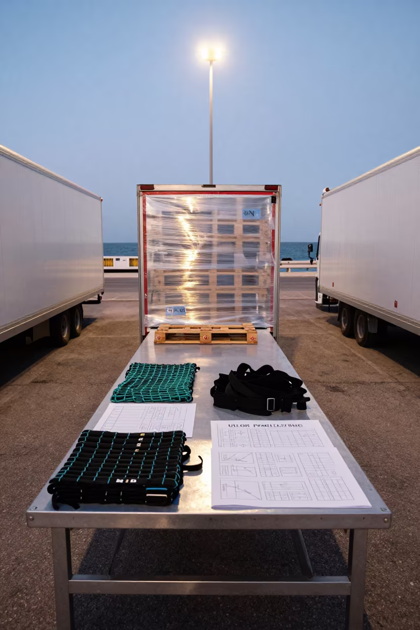 Cargo Nets and Load Plans on Steel Table in in a trailer yard under sodium lights in Marseille