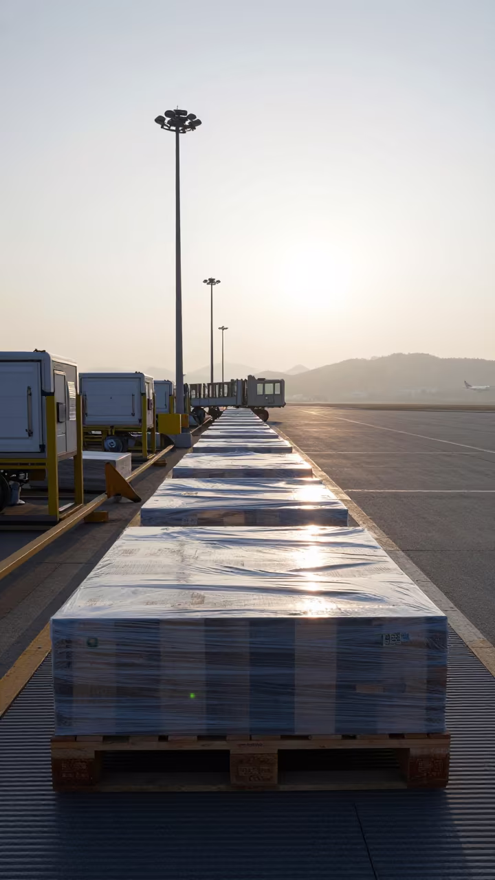 Cargo Pallet Wrapped at Busan Dock in Dawn Mist in at a loading dock before dispatch near Busan