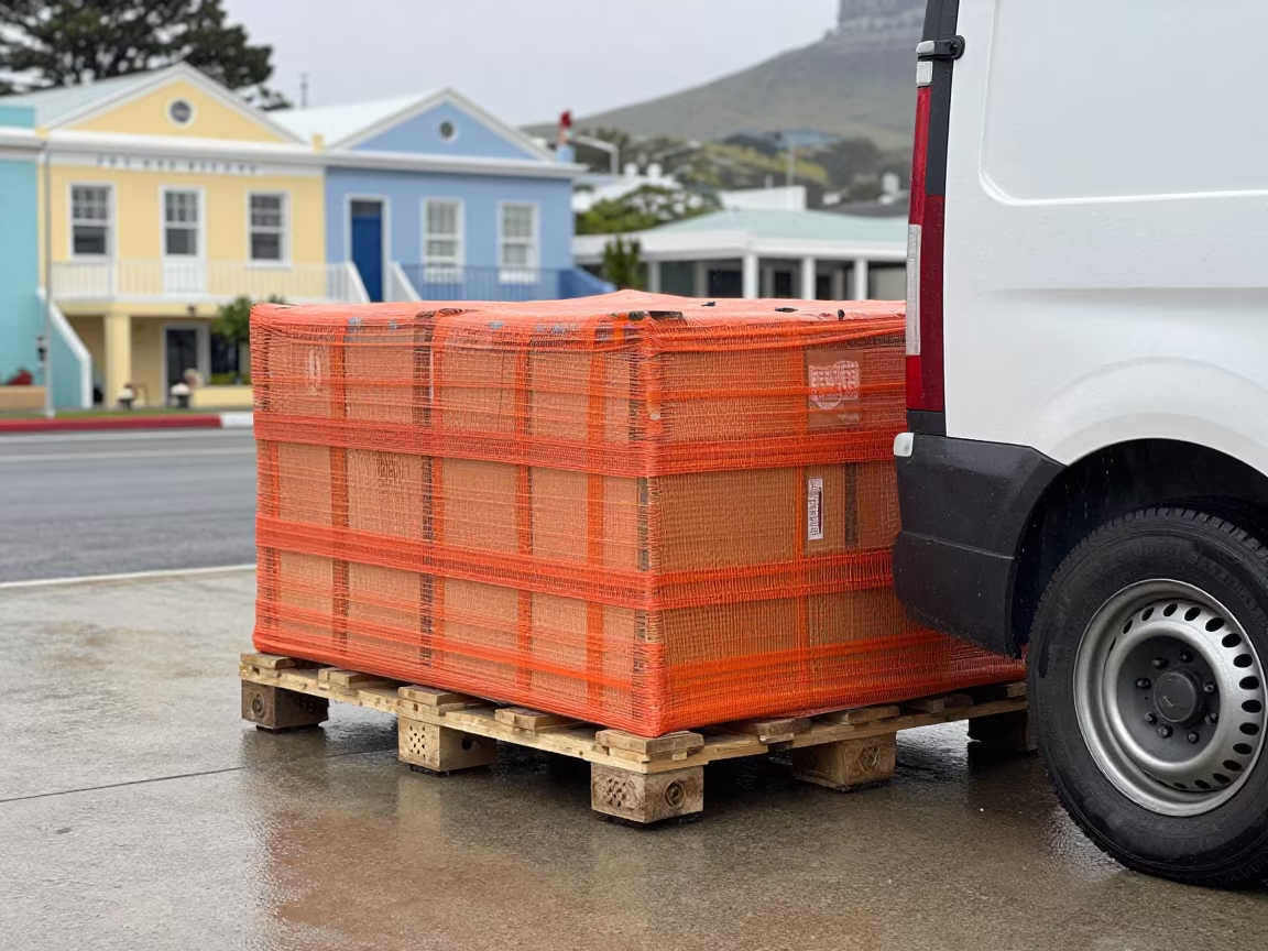 Cargo Pallet Wrapped Netting Cape Town Bo-Kaap in beside a courier van bay in Bo-Kaap, Cape Town