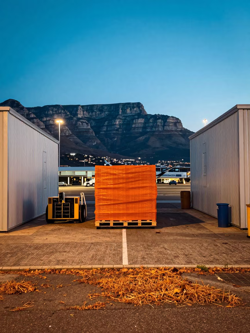 Cargo Pallet Wrapped in Netting at Green Point Airport in at an airport cargo build area in Green Point, Cape Town