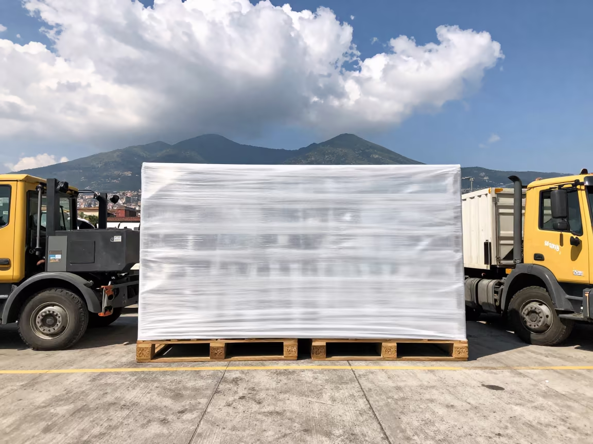 Cargo Pallet Wrapped in Netting at Naples Dock in at a loading dock before dispatch near Chiaia, Naples